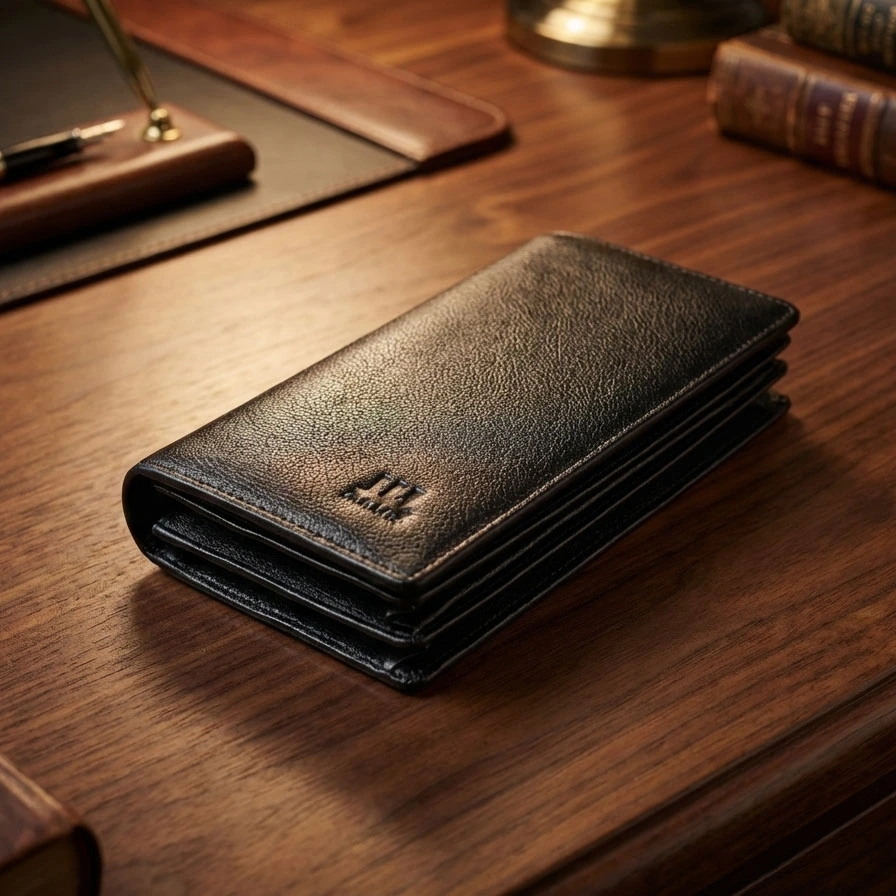প্রিমিয়াম জেনুইন লেদার মেনস লং ওয়ালেট - রাজকীয় ব্ল্যাক এডিশন